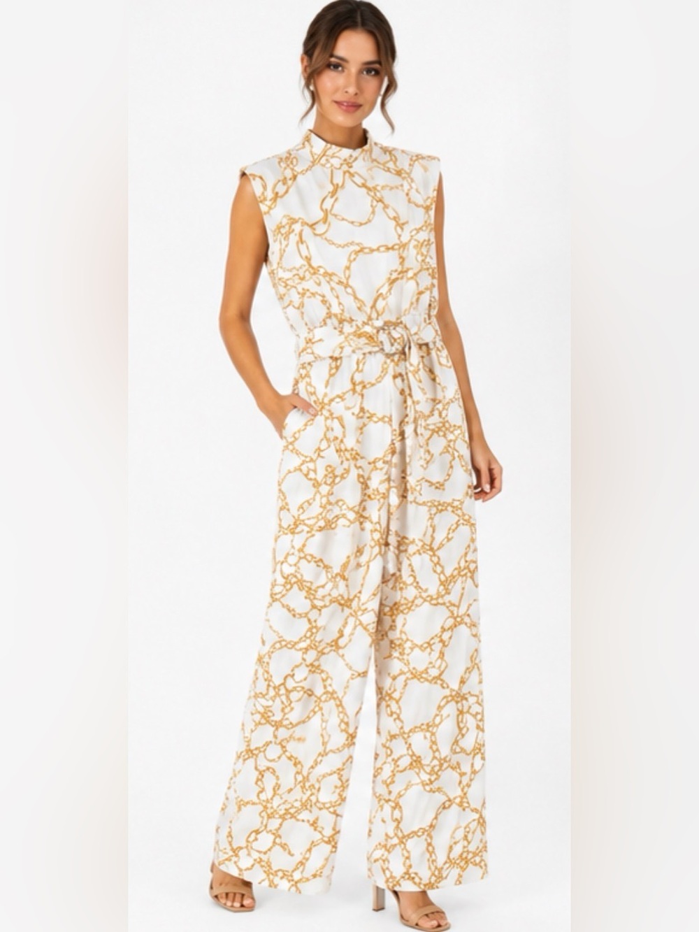 Valentine Tracy Satin Chain Print Belted Jumpsuit White Gold M NWOT